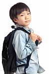Asian Boy With School Backpack Stock Photo