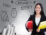 Asian Business Woman Has Many Ideas On Business Background Stock Photo
