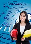 Asian Business Woman Has Many Ideas On Business Background Stock Photo