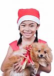 Asian Child In Santa Hat With Dog Stock Photo