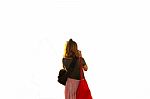 Asian Female Tourist With Backpack Bag Taking Photo Isolated Wh Stock Photo