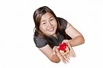 Asian Girl And Gift  Isolated On White Background Stock Photo