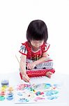 Asian Girl Painting And Using Drawing Instruments, Creativity Learning Education Concept Stock Photo