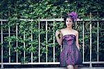 Asian Retro Women Fashion With Purple Suit Stock Photo
