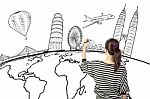 Asian Woman Drawing Or Writing Dream Travel Around The World Stock Photo