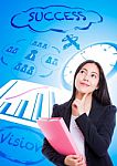 Asian Woman Has Many Ideas On Business Background Stock Photo