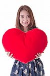 Asian Woman Holding A Red Heart Stock Photo