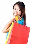 Asian Woman Holding Shopping Bag Stock Photo
