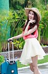 Asian Woman Say Hi Stock Photo