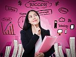 Asian Woman Thinking Many Ideas On Business Background Stock Photo