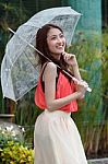 Asian Woman With A Transparent Umbrella Stock Photo