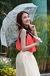 Asian Woman With A Transparent Umbrella Stock Photo