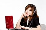 Asian Women Call Center With Phone Headset Stock Photo