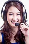 Asian Women Call Center With Phone Headset Stock Photo