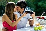 Attractive Couple Drinking Wine On Romantic Picnic In Countrysid Stock Photo
