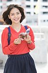 Attractive Young Asian Student Traveling Outdoor Smiling Face With Happiness Emotion Stock Photo