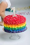 Baby Girl Celebrating Her First Bithday With Gourmet Cake And Ba Stock Photo