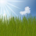 Background With Grass Field Against Blue Sky Stock Photo