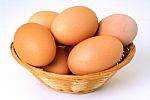 Basket Of Straw With Eggs In White  Stock Photo