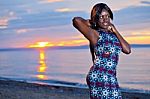Beautiful Black African American Woman Posing On The Beach At Su Stock Photo