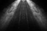 Beautiful Black And White Color Wide Lens Projector With Light Beam For Movie And Cinema At Night . Smoke Texture Spotlight . Screening For Multimedia . Abstract Background  Stock Photo