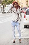 Beautiful Fashion Woman In Fur Coat Stock Photo