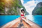 Beautiful Girl In Red Bikini On Boat Stock Photo