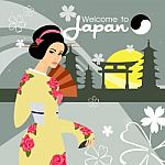 Beautiful Japanese Girl In Kimono On Background.  Illustration Stock Photo