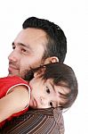 Beautiful Little Girl Hugging Embracing Her Father.  Focus In Th Stock Photo