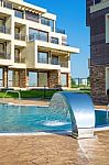 Beautiful New Apartment Building, Outdoor, Pool View Stock Photo