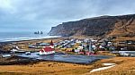 Beautiful Red Church And Vik Village, Iceland Stock Photo