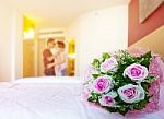 Beautiful Roses Flowers Bouquet On White Bed And Blur Sweet Love Stock Photo