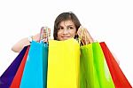Beautiful Shopping Woman Holding Bags Isolated Over White Backgr Stock Photo