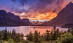Beautiful Sunset At St. Mary Lake In Glacier National Park Stock Photo