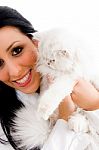 Beautiful Woman Holding White cat Stock Photo