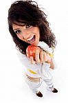 Beautiful Young Woman Holding Red Apple Stock Photo