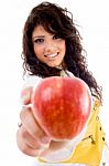 Beautiful Young Woman Holding Red Apple Stock Photo
