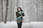 Beautiful Young Woman In A Sweater On A Winter Walk In A Park Stock Photo