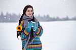 Beautiful Young Woman In A Sweater On A Winter Walk With A Cup O Stock Photo