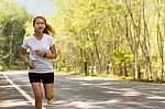 Beauty Women Running On Road Rural In Morning Activity Healthy Stock Photo