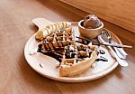 Belgian Waffles With Fruit And Chocolate, Forest Fruit, All Home Stock Photo
