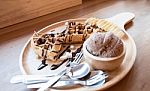 Belgian Waffles With Fruit And Chocolate, Forest Fruit, All Home Stock Photo