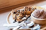 Belgian Waffles With Fruit And Chocolate, Forest Fruit, All Home Stock Photo