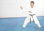 Black Belt Man In Kimono During Training Karate Kata Exercises Stock Photo