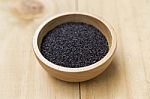 Black Sweet Basil Seed In Round Wooden Bowl Stock Photo