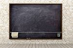 Blank Blackboard In Brick Wall Room Stock Photo