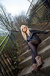Blonde Caucasian Girl Posing Outdoors Stock Photo