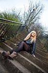 Blonde Caucasian Girl Posing Outdoors Stock Photo