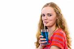 Blonde Teenage Girl Drinking Soda Stock Photo