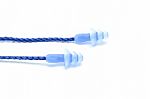 Blue Earplugs With A String On White Background Stock Photo